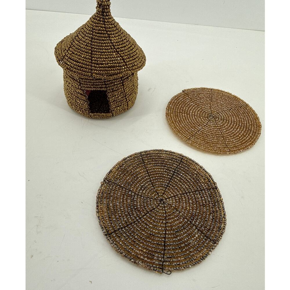 Maasai Beaded Hut Coaster Set Kenya African Village Handmade Seed Bead Decor